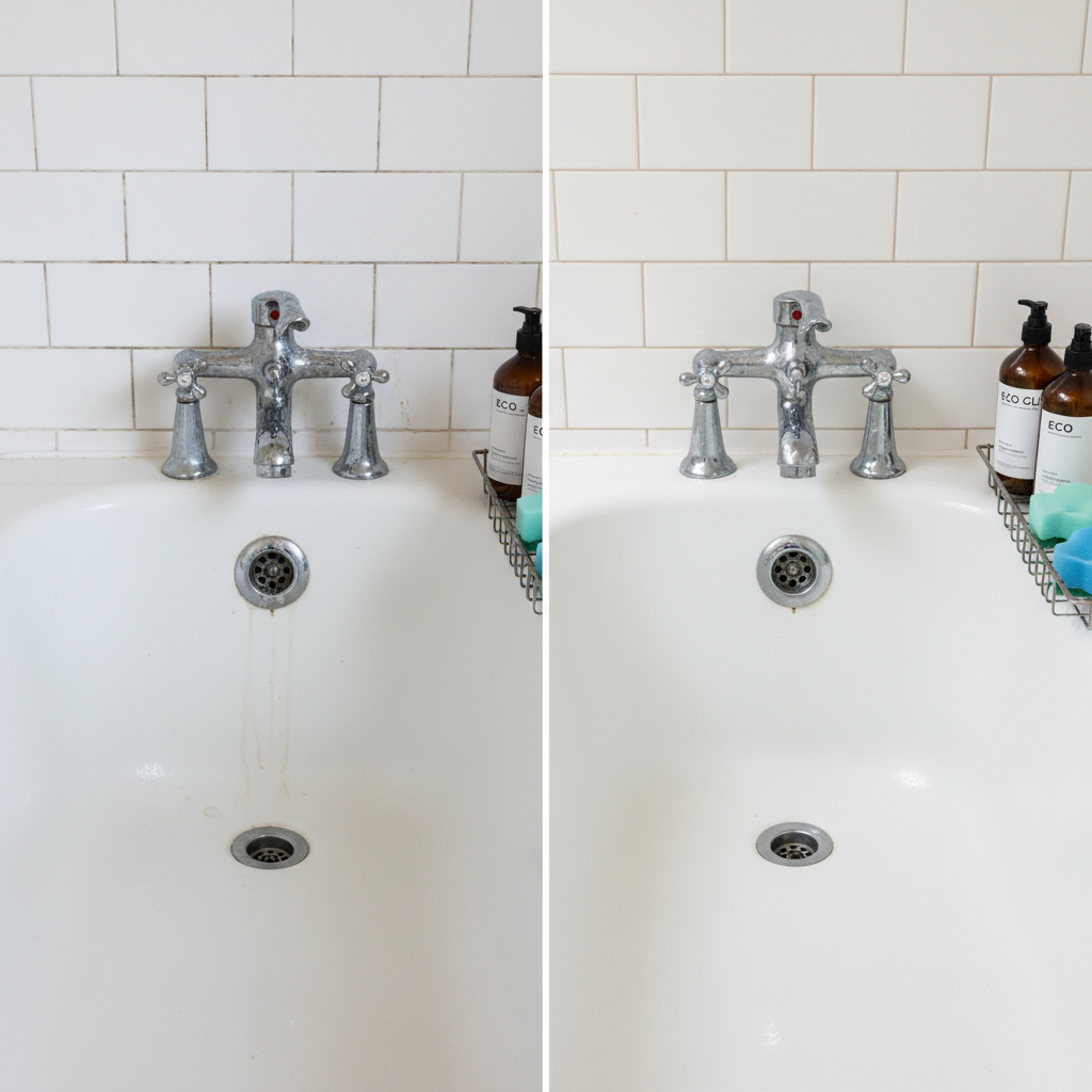 A before-and-after style bathroom cleaning scene, combined into a single, carefully composed photographic realism image. On the left, a slightly dull bathtub surface and water-spotted faucet; on the right, the same tub gleaming with a uniform sheen, faucet mirror-bright, and drain area immaculate. The tiles on the right side are vivid and clean, grout lines restored to a light, fresh tone. Overhead bathroom lighting is consistent, but on the right its reflection on the surfaces appears clearer and crisper, emphasizing the transformation. A neatly arranged caddy with color-coordinated sponges and eco-friendly cleaners is visible in the after section. Framed straight-on with a centered vertical divide, the atmosphere communicates professional skill, reliability, and the satisfaction of entrusting housecleaning to specialists.